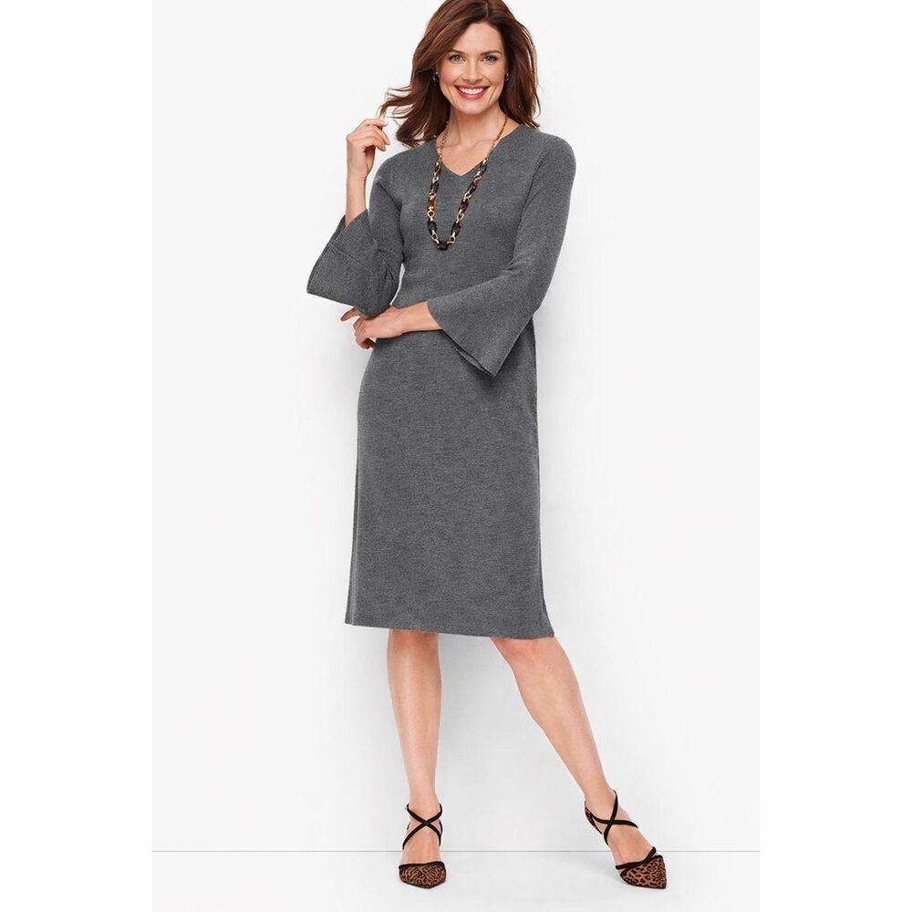 Talbots Sweater Dress MERINO FLOUNCE SLEEVE SWEATER Quarter Sleeves Pull On Gray